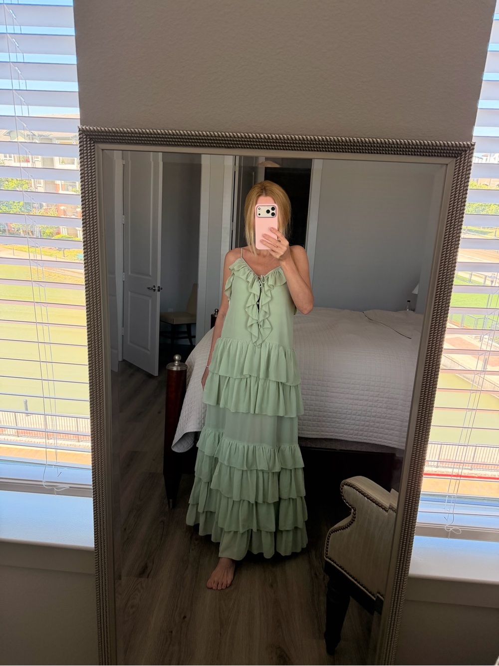 Torn by Ronny Kobo Sage Green Tiered Ruffle Maxi Dress